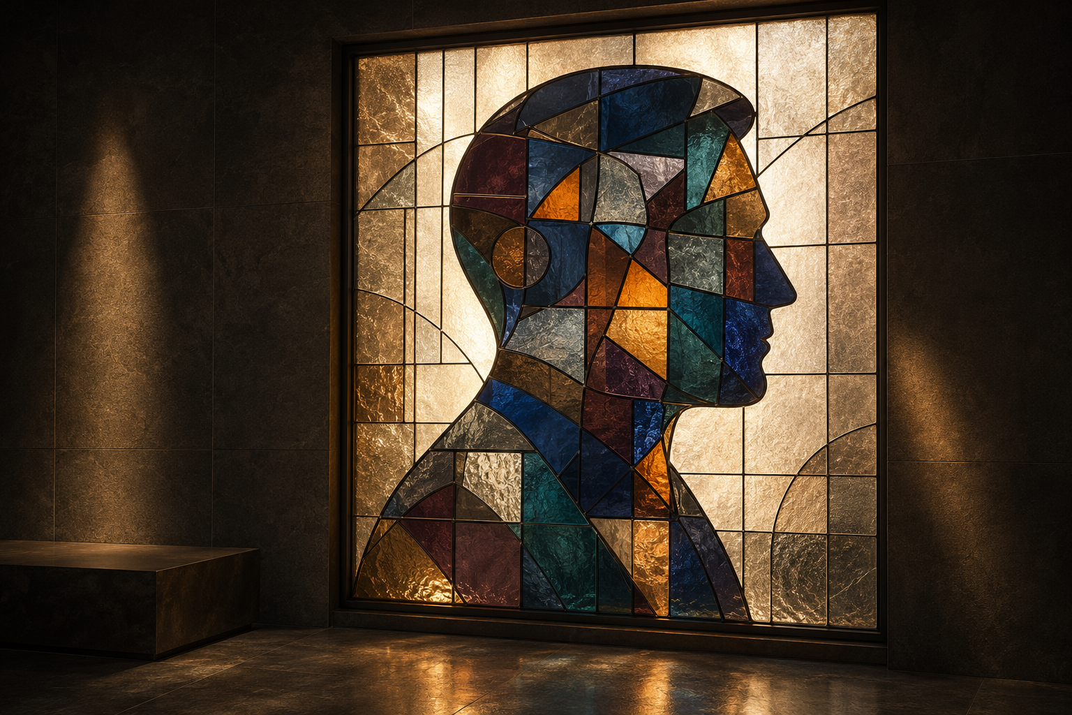 Illuminated stained-glass profile representing an attorney’s connected experience and authority