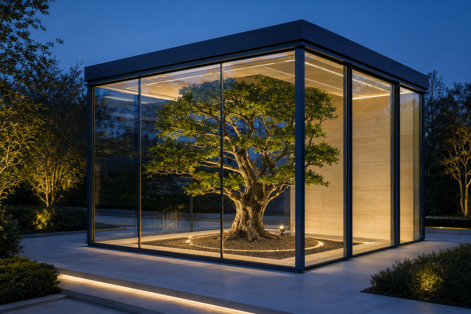 Healthy tree protected inside a glass conservatory representing ongoing law firm website maintenance