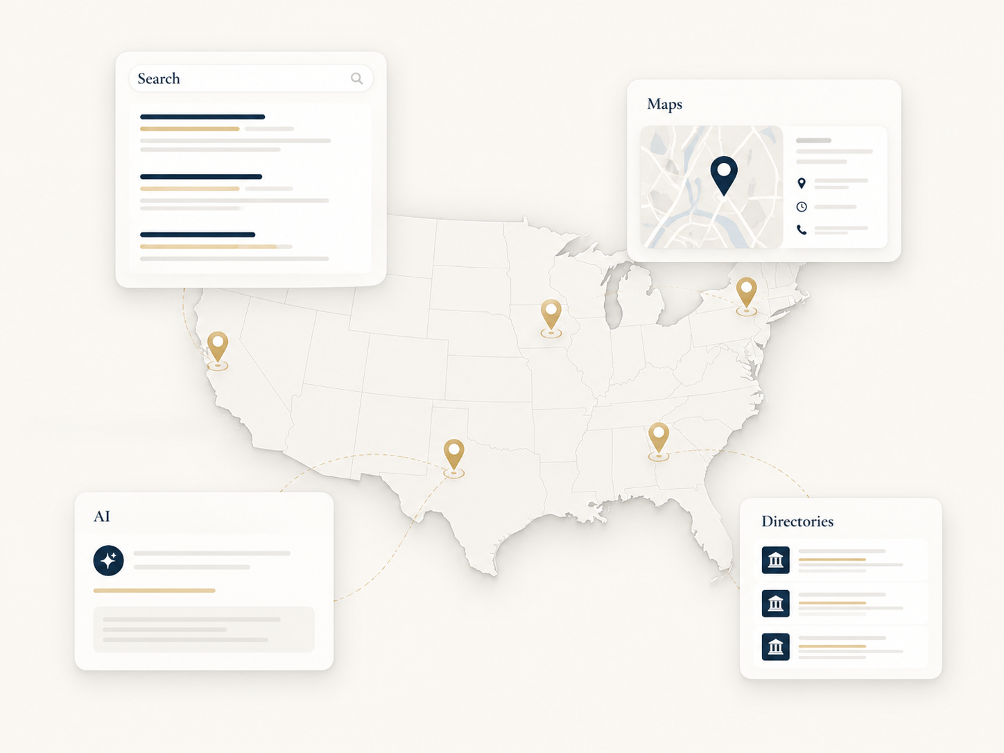 U.S. map showing law firm visibility across search, maps, AI, and legal directories
