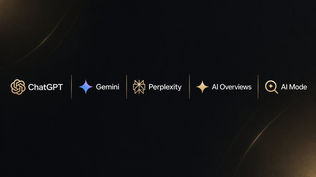AI visibility for law firms graphic featuring ChatGPT, Gemini, Perplexity, Google AI Overviews, and Google AI Mode in a clean horizontal layout using TypeTopia brand colors