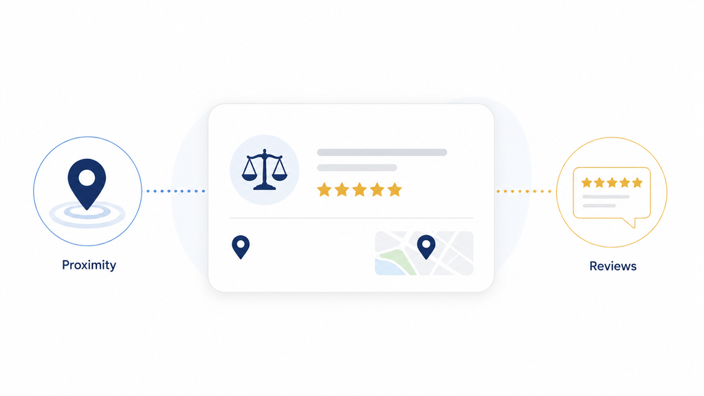 Illustration of Google Maps ranking factors for law firms, showing proximity and review signals around a law firm profile.