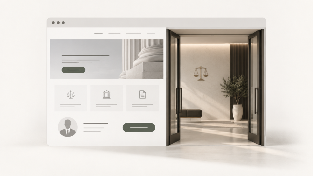 Illustration of a law firm homepage opening into a law office lobby