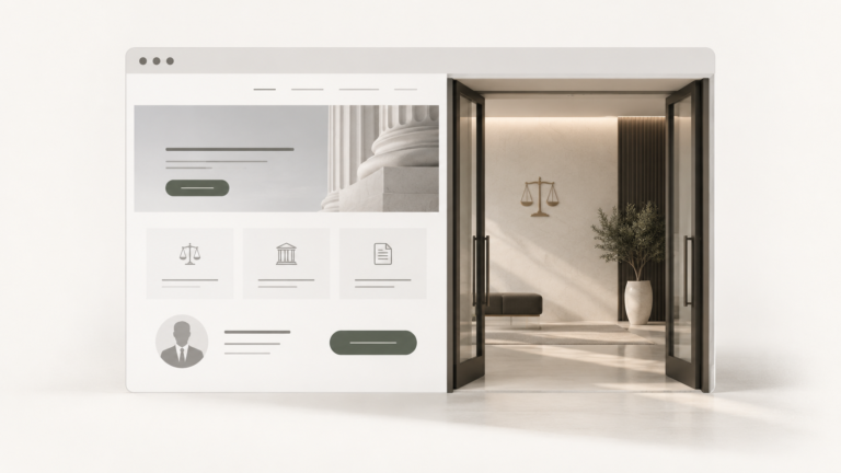Illustration of a law firm homepage opening into a law office lobby