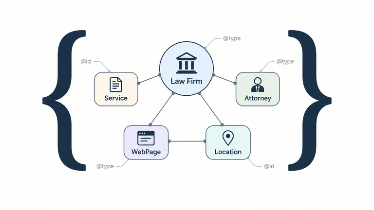 Law firm schema markup graph connecting a legal service, attorney, webpage, and location