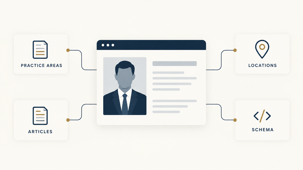Attorney bio page connected to practice areas, articles, locations, and schema