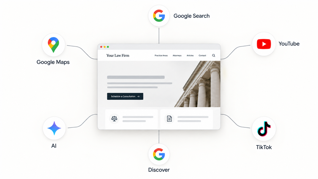 Law firm website connected to Google Search, Google Maps, YouTube, TikTok, AI, and Google Discover